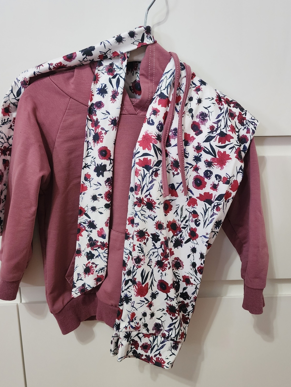 Baby Floral Print Hoodie Set in Dusty Rose With Bow.